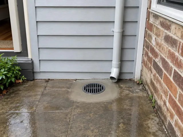 Outdoor drain grate set in wet paved courtyard beside weatherboard wall and brickwork in Balmain